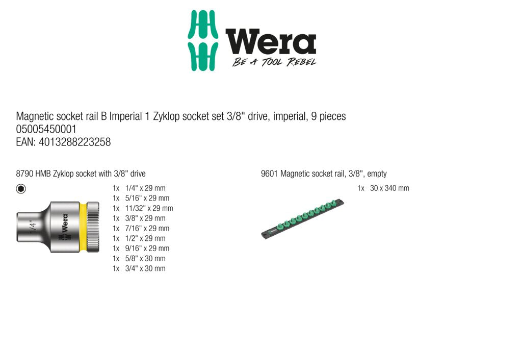 Wera Tools Zyklop Socket Set w/ Magnetic Socket Rail, 3/8" Drive, Imperial, 9 Pieces