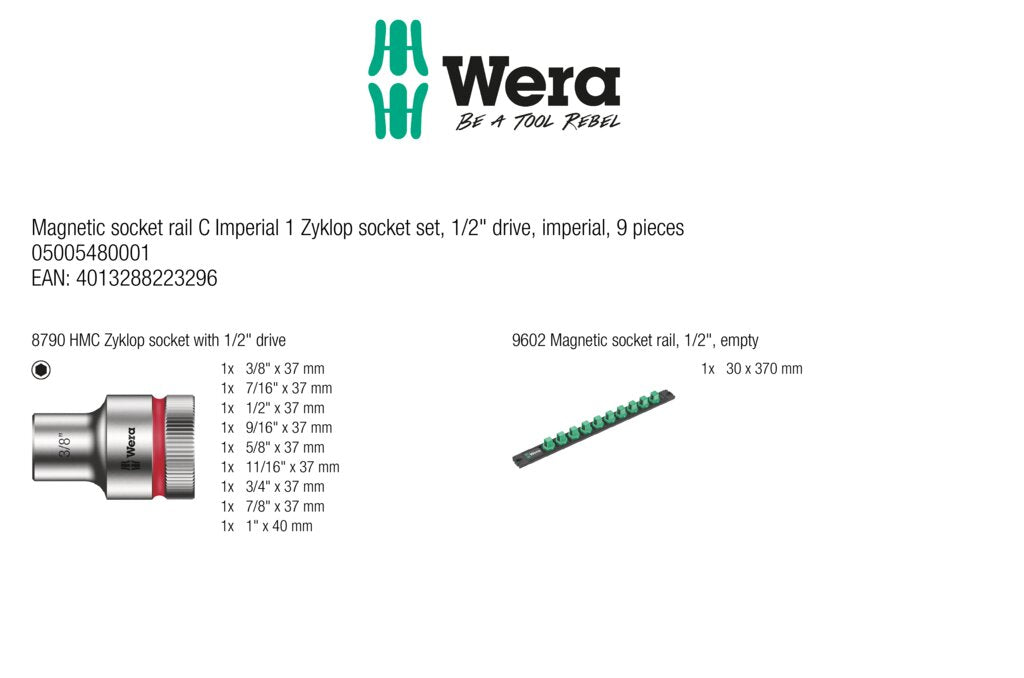 Wera Tools Zyklop Socket Set w/ Magnetic Socket Rail, 1/2" Drive, Imperial, 9 Pieces