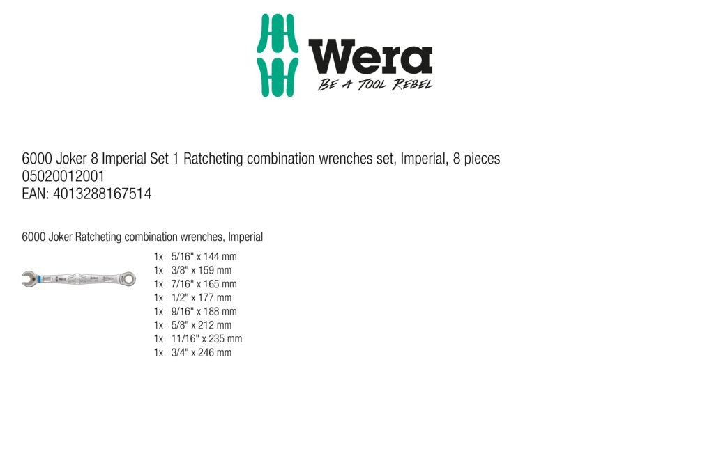Wera Tools Joker Ratcheting Combination Wrenches Set, Imperial, 8 Pieces