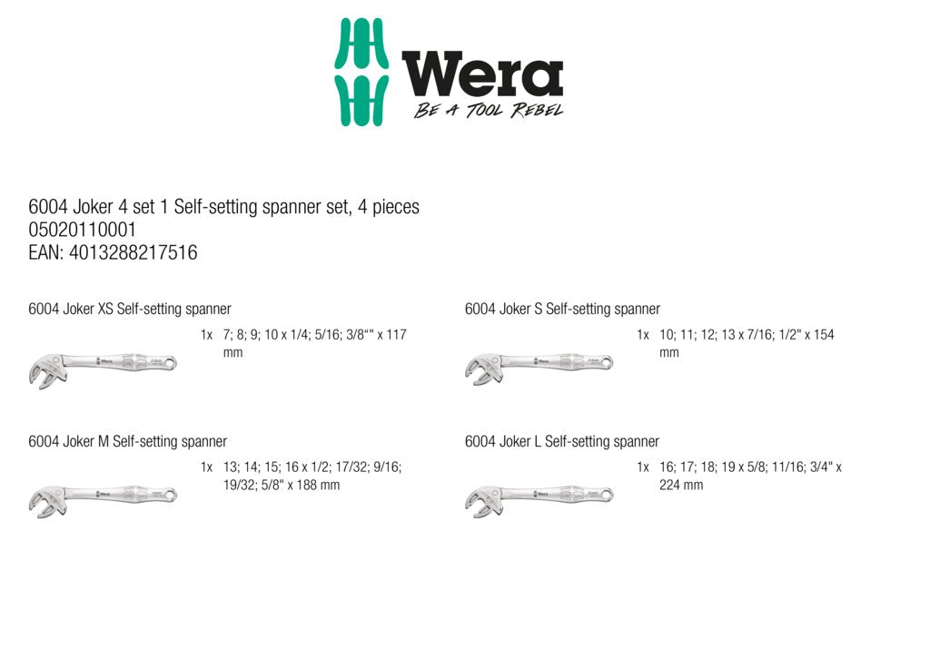 Wera Tools Joker Self-Setting Spanner Set, 4 Pieces