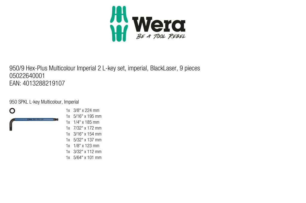 Wera Tools Hex-Plus Multicolour L-Key Set, Imperial, 9 pieces
