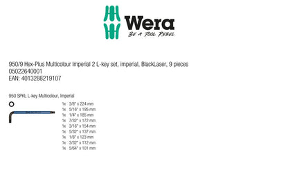 Wera Tools Hex-Plus Multicolour L-Key Set, Imperial, 9 pieces