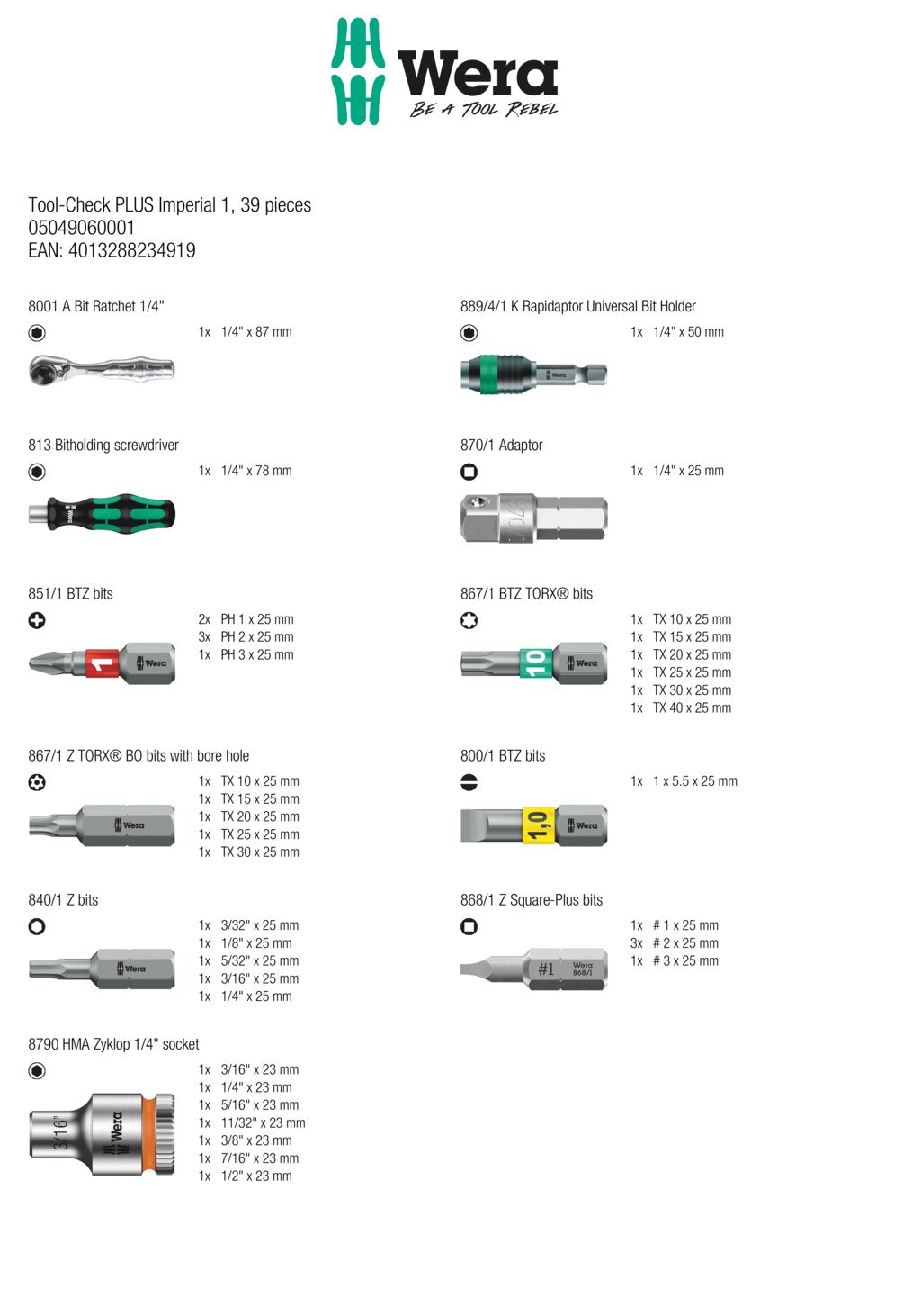 Wera Tools Tool-Check Plus, Imperial, 39 Pieces