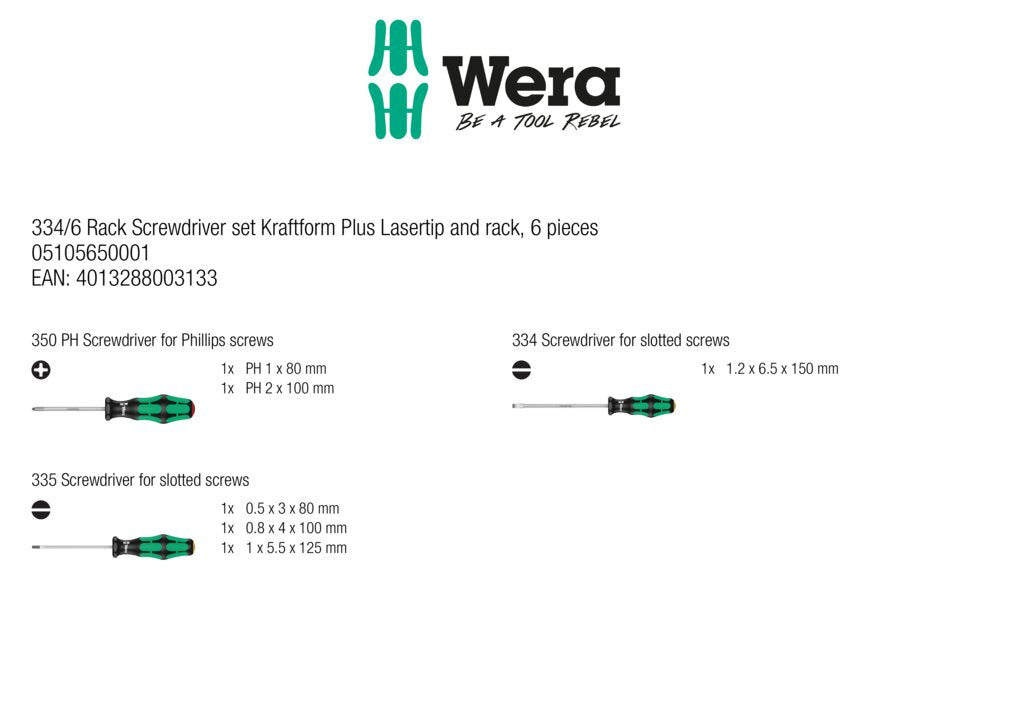 Wera Tools Kraftform Plus Lasertip Screwdriver Set w/ Rack, 6 Pieces