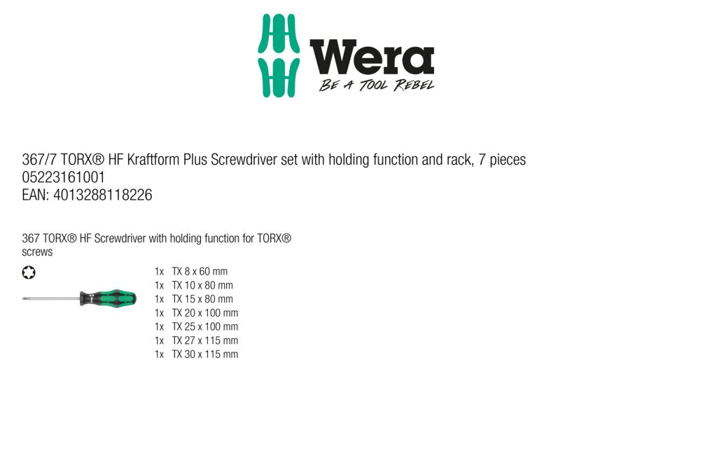 Wera Tools Kraftform Plus TORX® HF Screwdriver Set w/ Rack, 7 Pieces