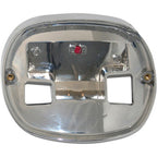 Chrome taillight base plate for a Harley-Davidson motorcycle.
