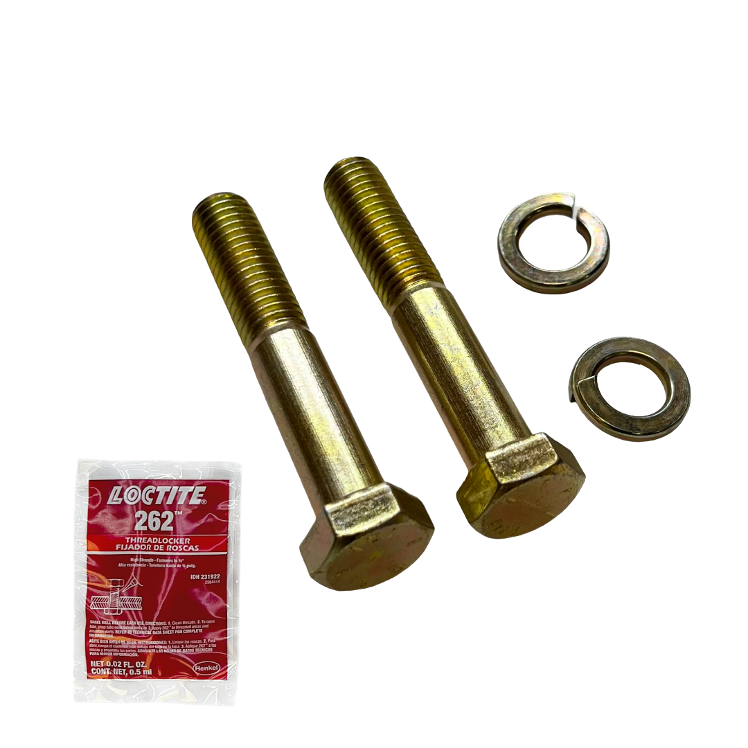 Two gold riser bolts, washers, and a Loctite 262 packet.