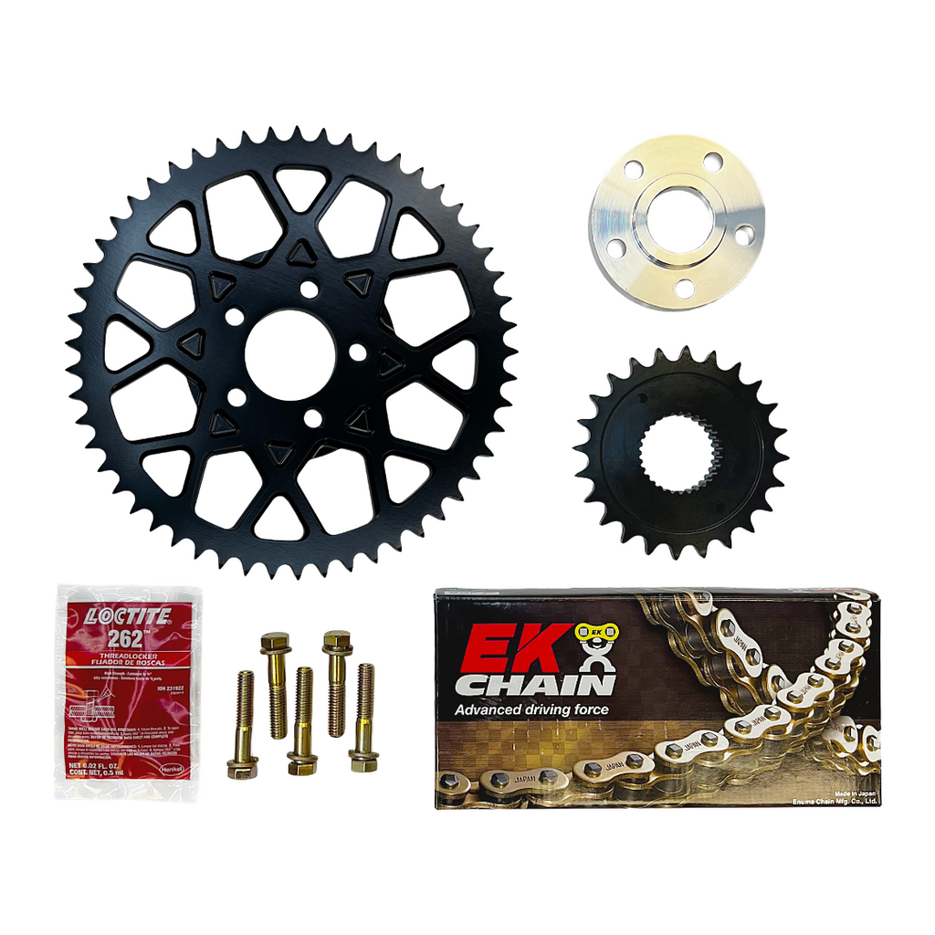 Motorcycle sprocket and chain drive conversion kit, black rear sprocket, EK Chain, hardware, spacer, and Loctite.
