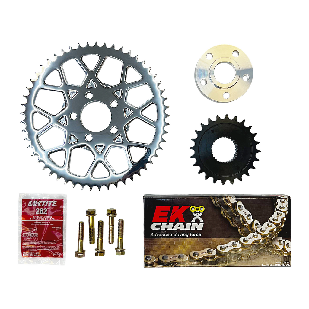 Motorcycle sprocket and chain drive conversion kit, polished rear sprocket, EK Chain, hardware, spacer, and Loctite.