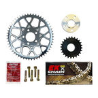 Motorcycle sprocket and chain drive conversion kit, polished rear sprocket, EK Chain, hardware, spacer, and Loctite.