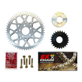 Motorcycle sprocket and chain drive conversion kit, raw rear sprocket, EK Chain, hardware, spacer, and Loctite.