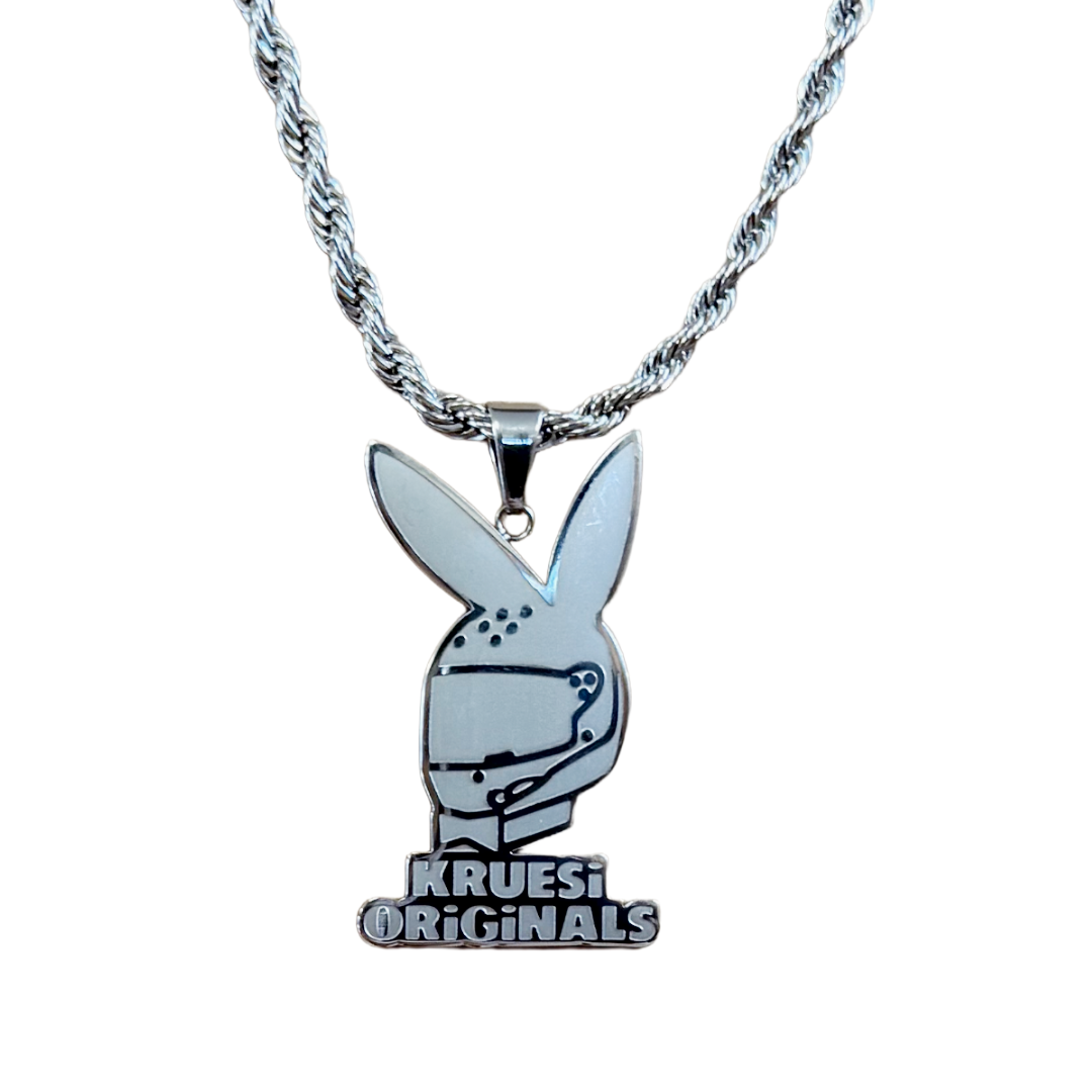 Kruesi Originals Stunt Bunny pendant on a 24" rope chain featured in a Sterling Silver Plated finish.