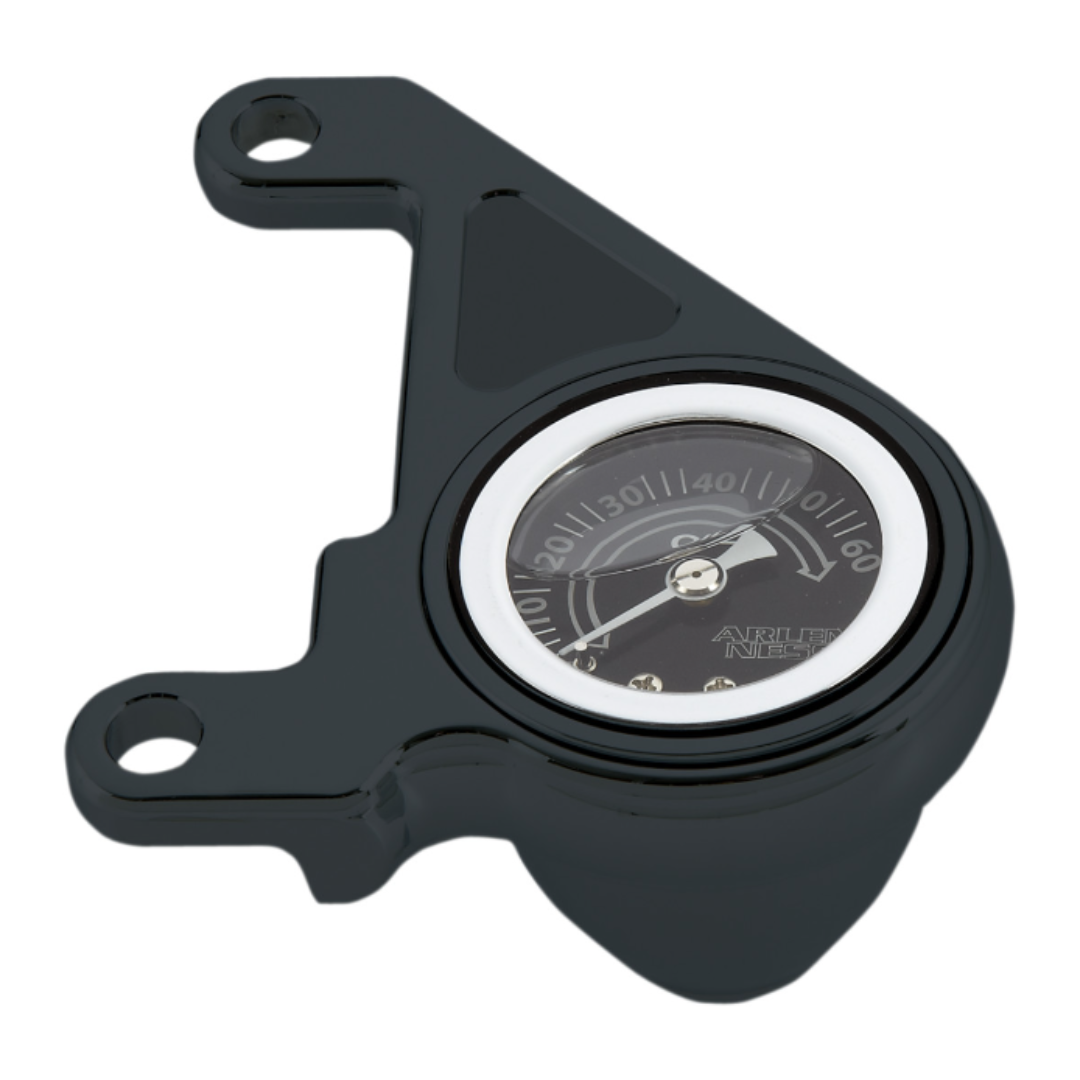 Arlen Ness Radius Oil Pressure Gauge in Black for Twin Cam Models.