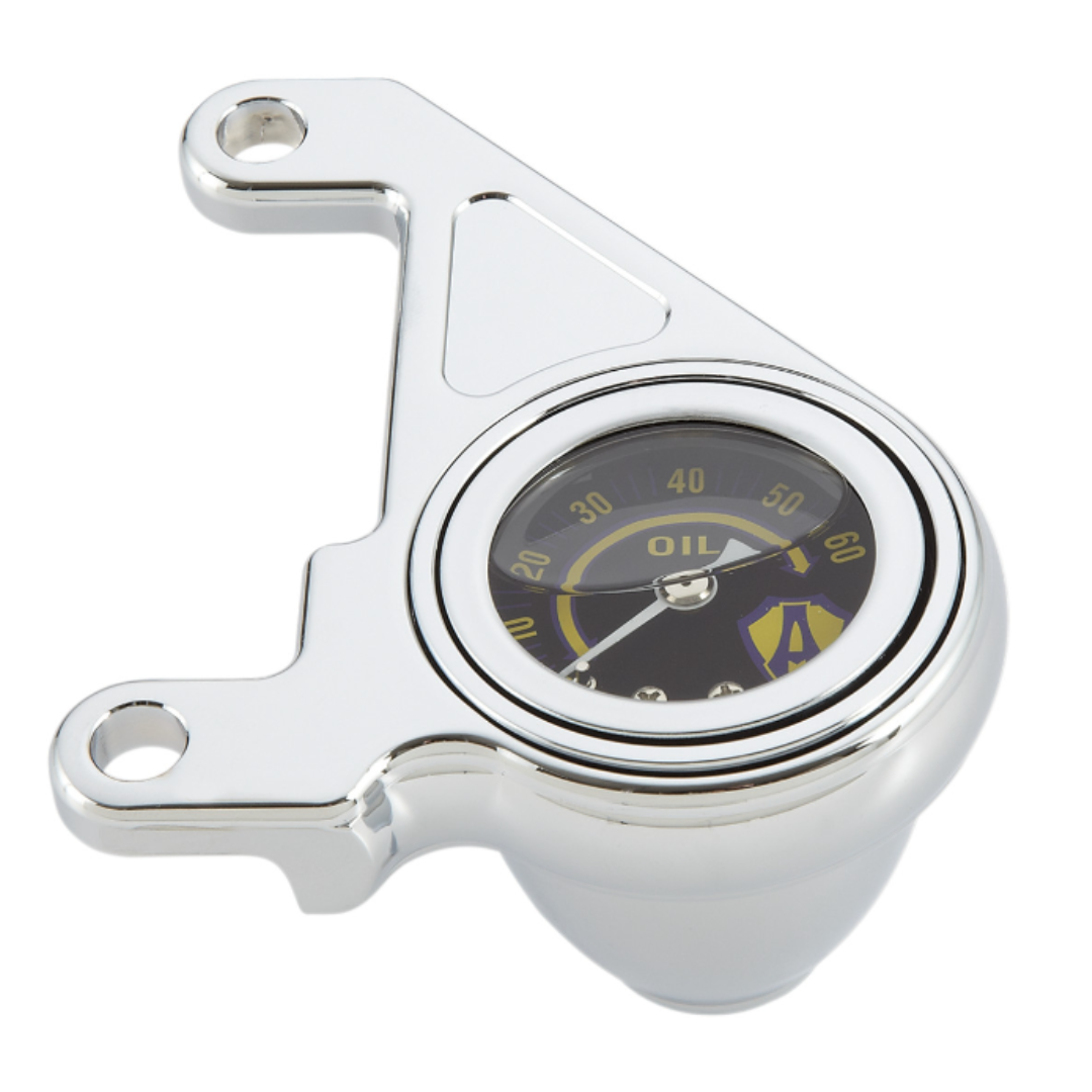 Arlen Ness Radius Oil Pressure Gauge in Chrome for Twin Cam Models.